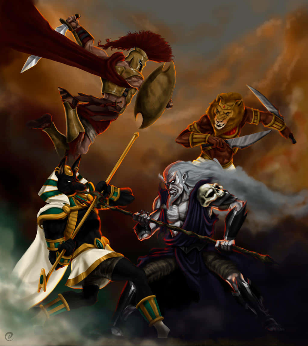 Battle Of Gods 桌布 壁紙 — 四位神話戰士在熾熱風暴天空下，伴隨旋轉雲層，展開一場戲劇性的戰鬥。