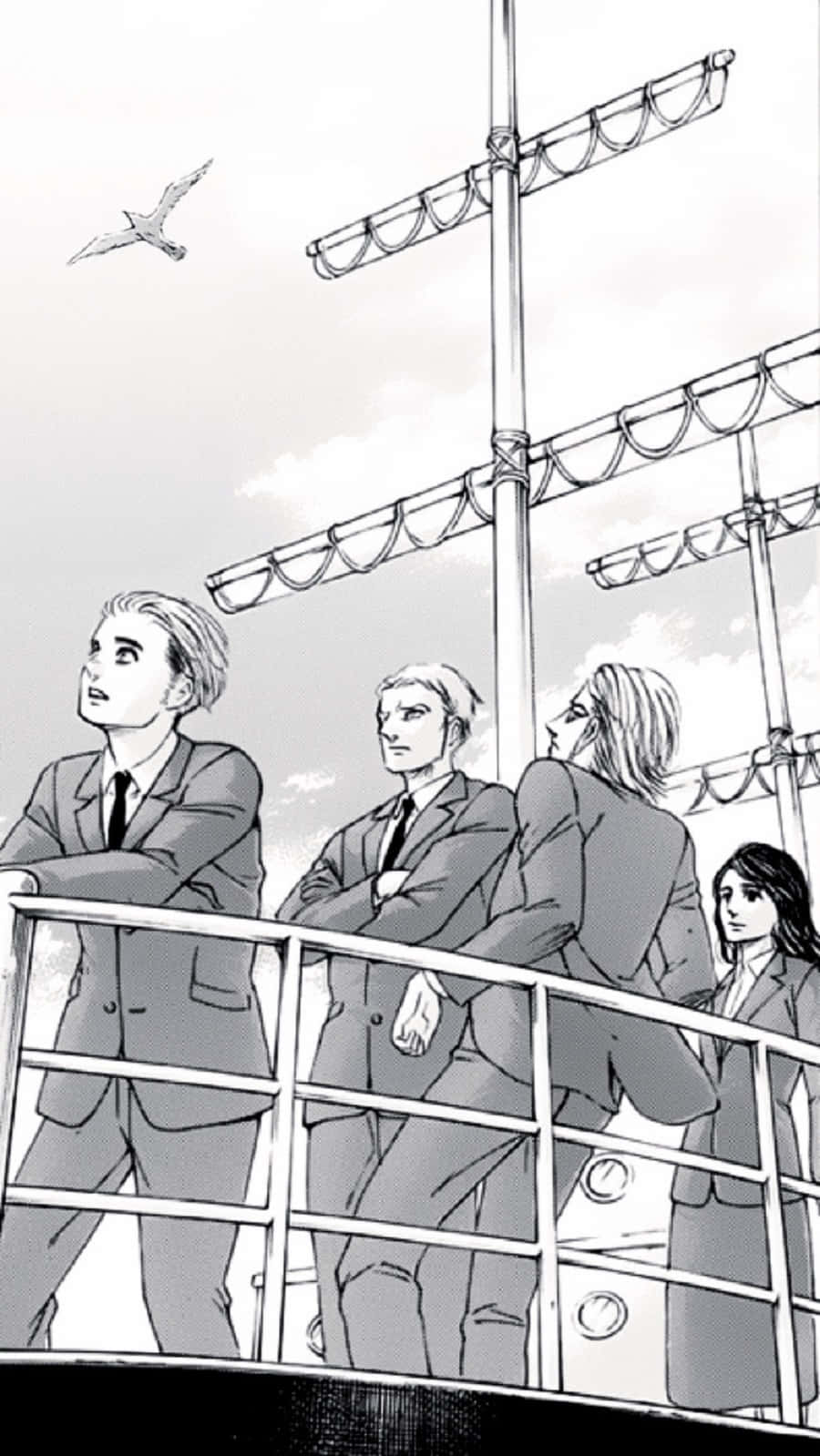 Manga Series 桌布 壁紙 — 四位穿著正式的人站在船甲板上向上望，一隻海鷗飛過高高的索具。
