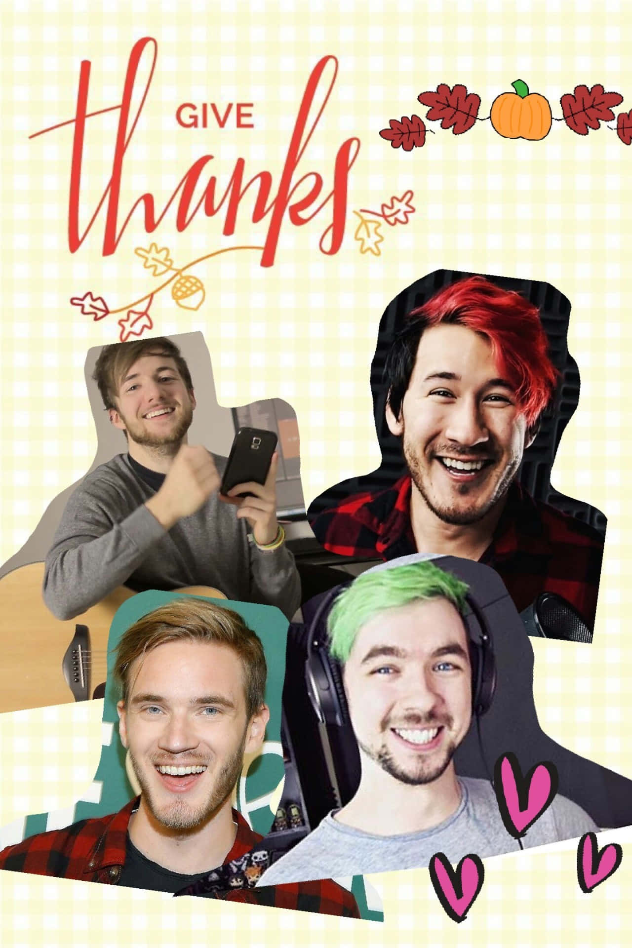 PewDiePie 桌布 壁紙 — 四位笑容滿面、頭髮色彩繽紛的男士，與南瓜和秋葉一起構成節日感恩節拼貼畫。