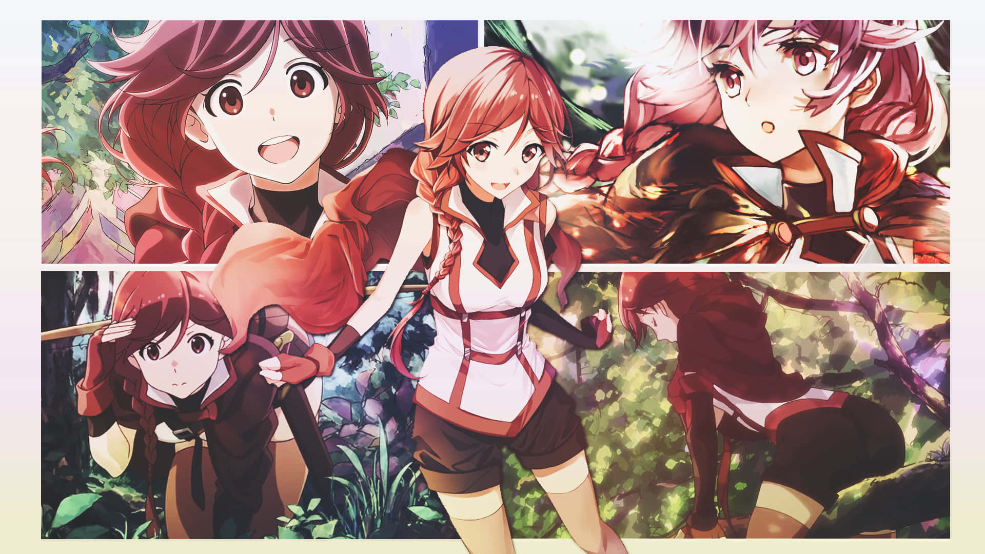 Grimgar Of Fantasy And Ash 桌布 壁紙 — 四位紅髮動漫女孩在森林場景中展現多種表情和姿勢。