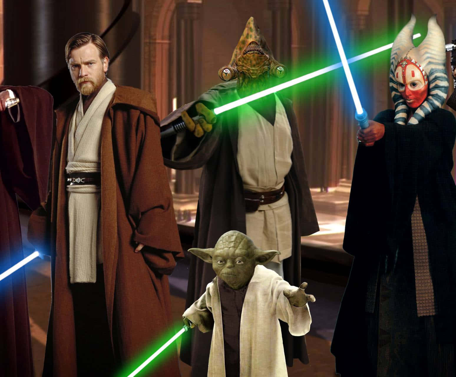 Jedi Council 桌布 壁紙 — 四位絕地大師與年輕的尤達站在宏偉的寺廟大廳中，手持發光的藍色和綠色光劍。