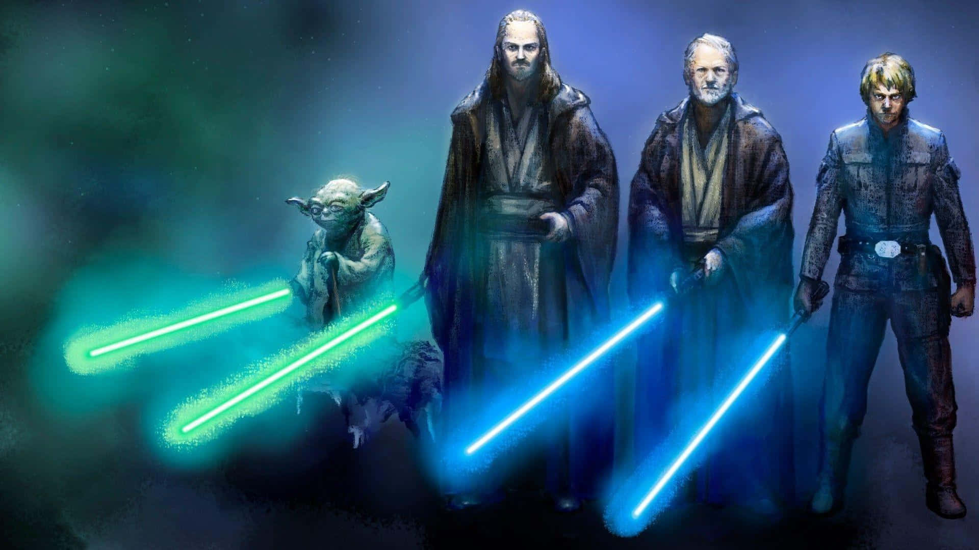 Return Of The Jedi 桌布 壁紙 — 四位絕地武士和一個綠色小生物在黑暗迷霧背景下，手持發光的藍色和綠色光劍蓄勢待發。
