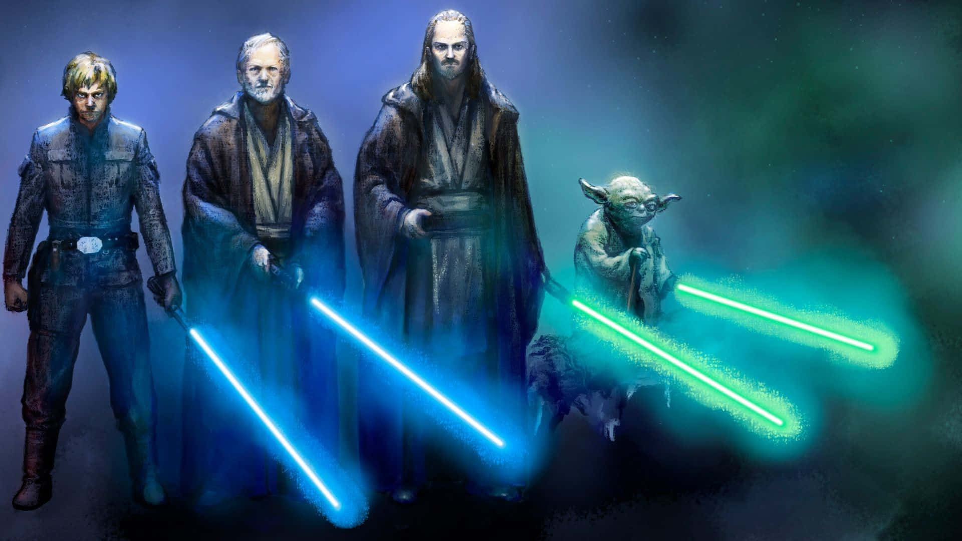 Jedi Knight 桌布 壁紙 — 四位絕地武士站在黑暗迷霧的空間中，揮舞著發光的藍色和綠色光劍。