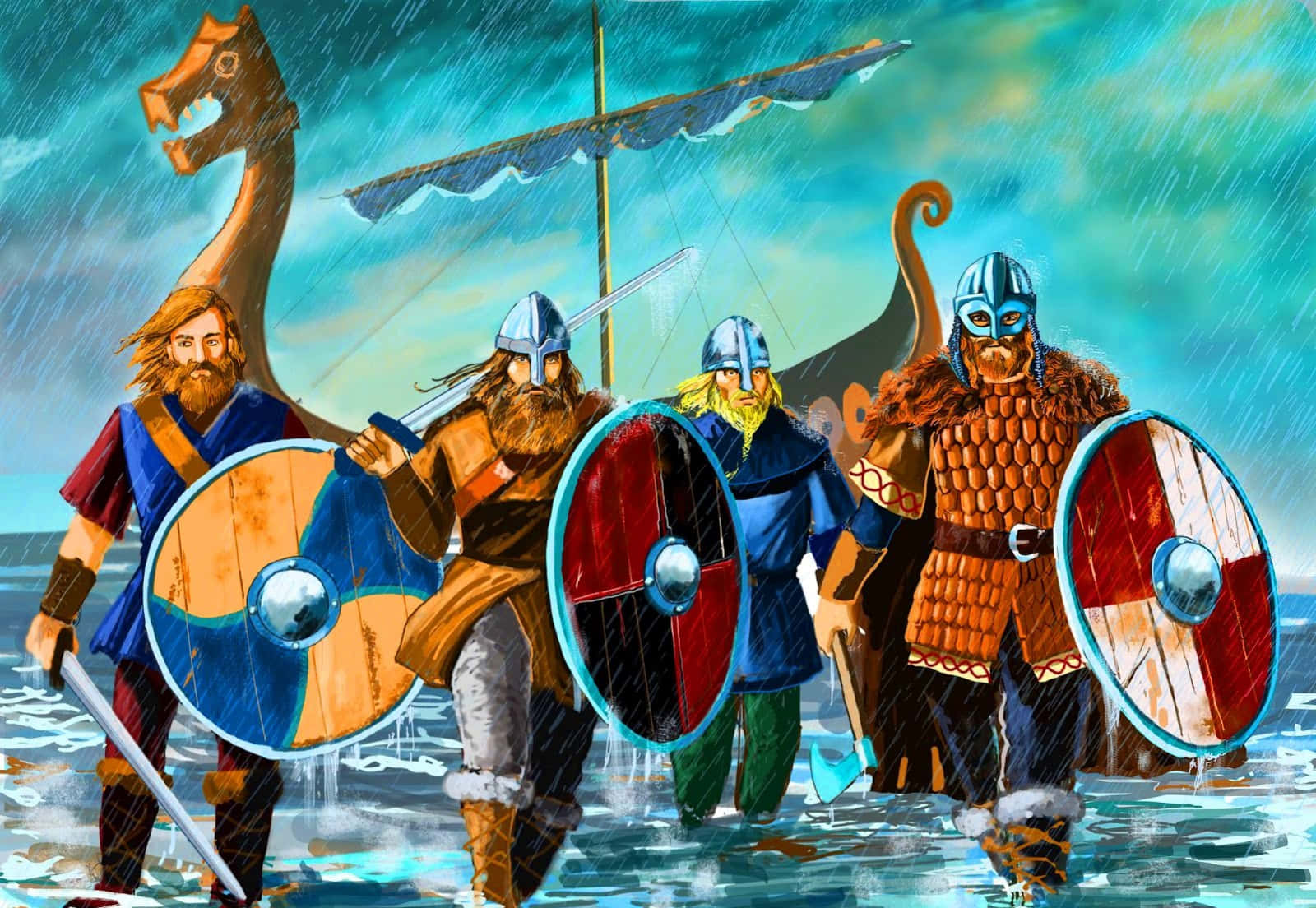 Vikings 桌布 壁紙 — 四位維京戰士手持盾牌和劍，在波濤洶湧的海水中涉水而行，旁邊是一艘龍頭長船，天空動盪不安。