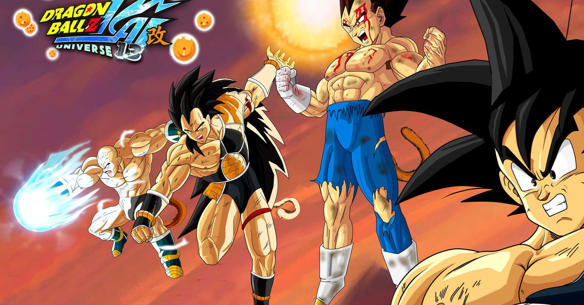 Dragon Ball Super Universe 6 桌布 壁紙 — 四位肌肉發達的動漫戰士以戰鬥姿勢向熾熱的橙色天空釋放能量爆炸。
