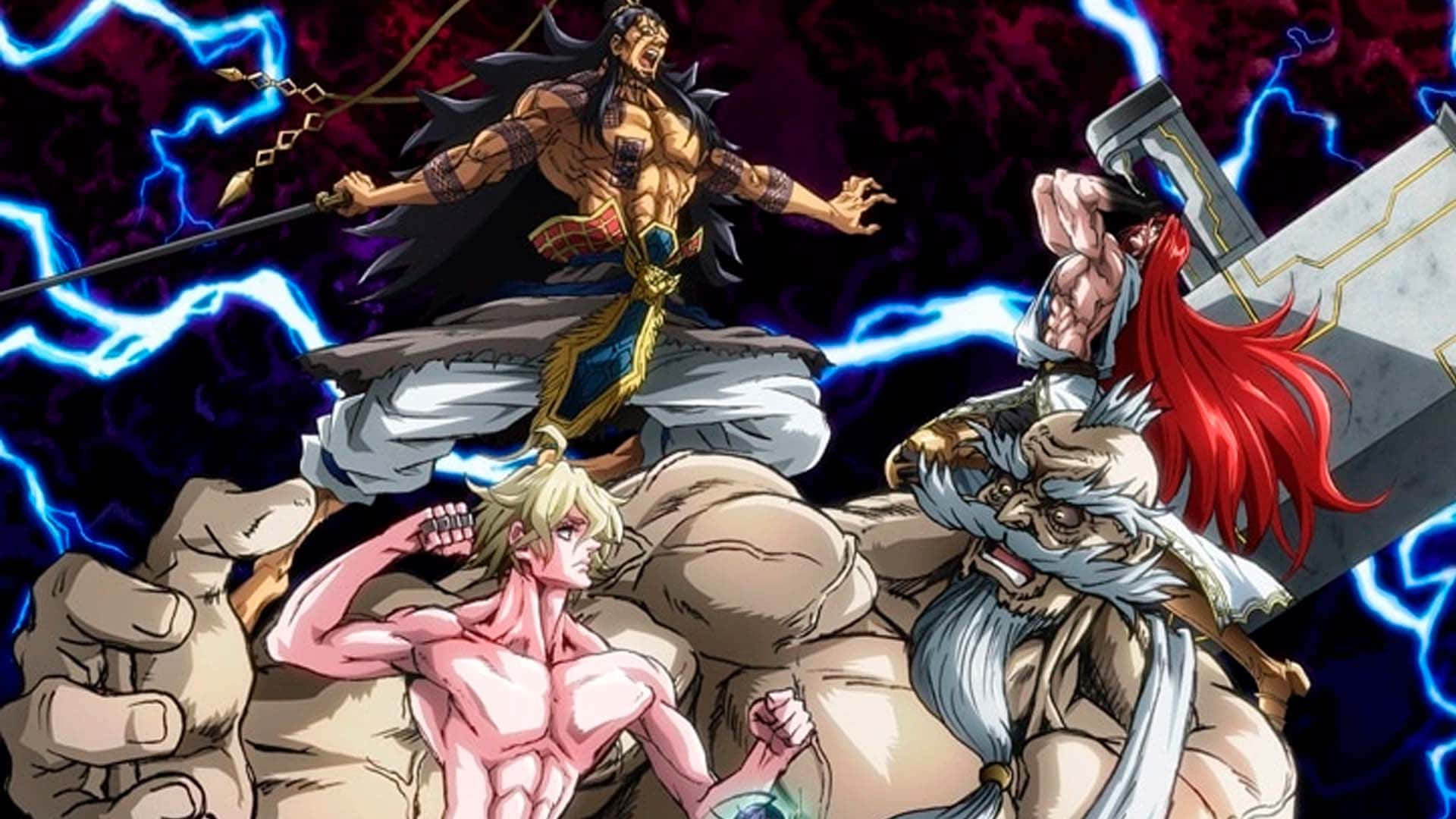 Record Of Ragnarok 桌布 壁紙 — 四位肌肉發達的動漫戰士在黑暗的宇宙背景下，伴隨著噼啪作響的藍色閃電交鋒。