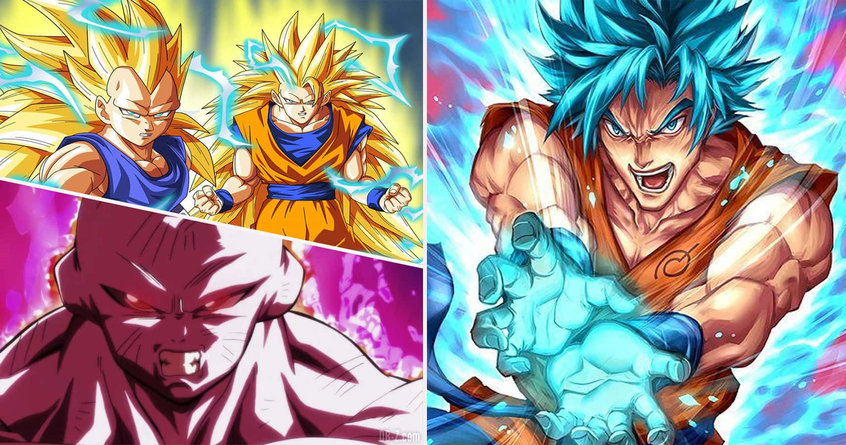 Dragon Ball Characters 桌布 壁紙 — 四位處於強大變身狀態的動漫戰士，帶有發光能量效果和強烈表情。