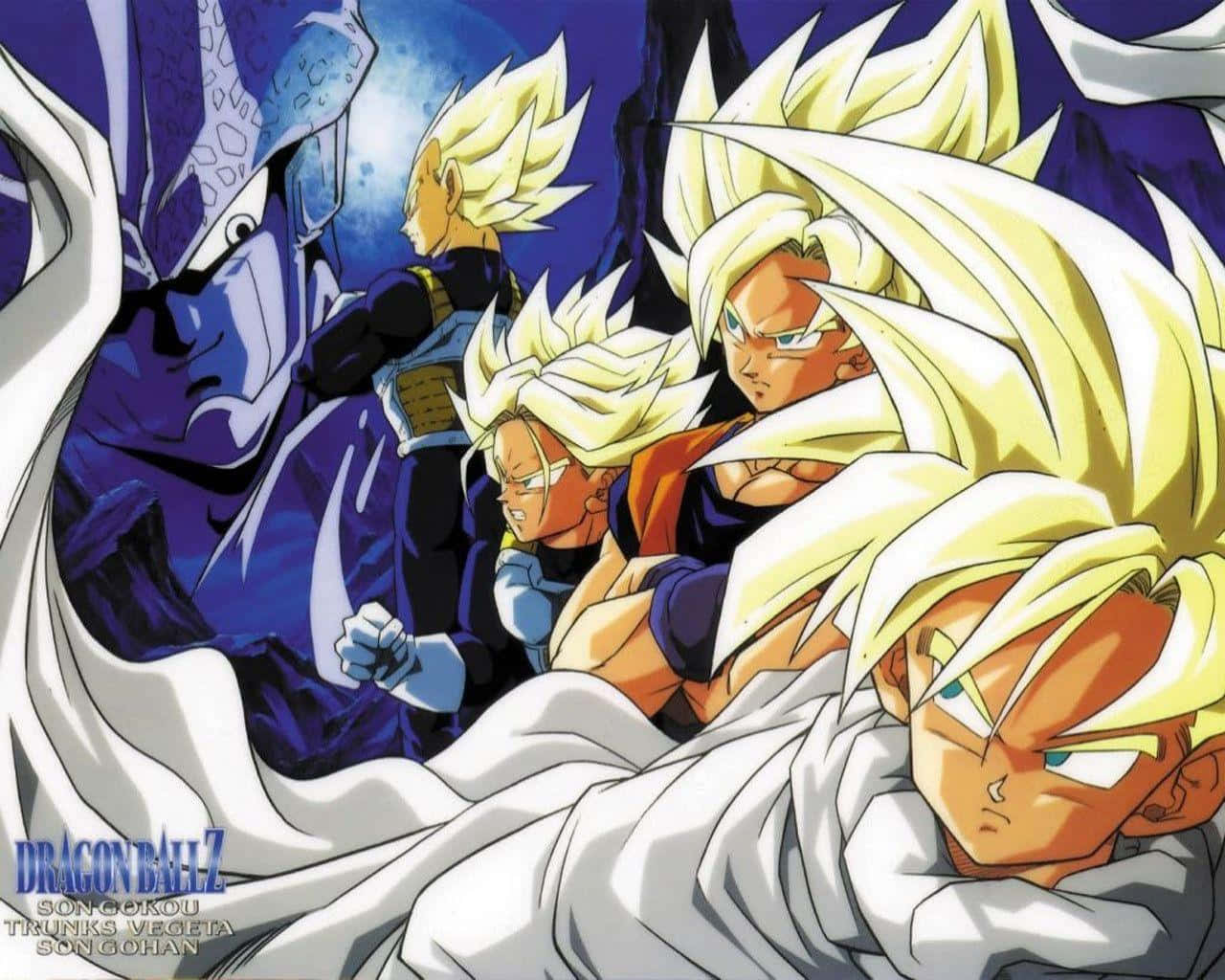 Vegeta And Trunks 桌布 壁紙 — 四位超級撒亞人戰士，擁有尖刺金髮，在戲劇性的動畫場景中準備與巨大的藍色外星人戰鬥。