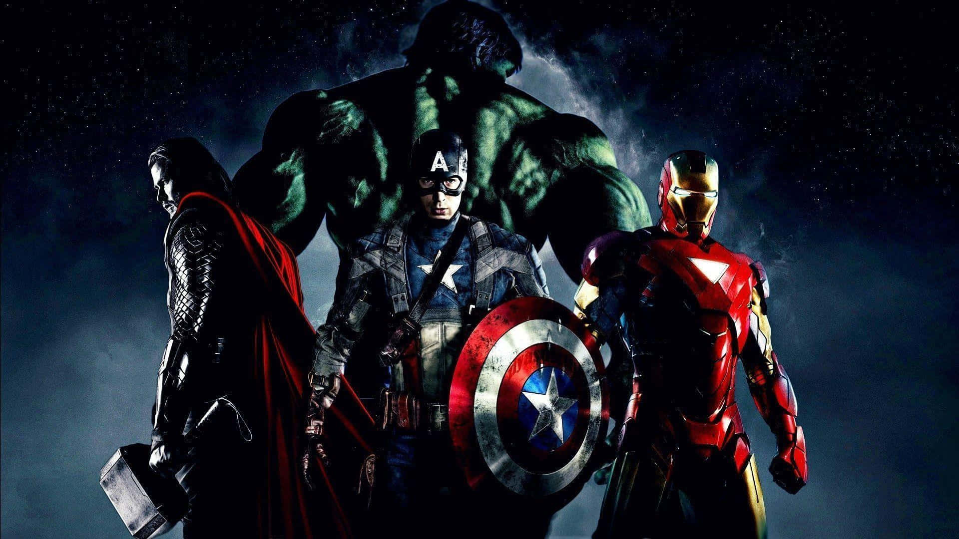 New Avengers 桌布 壁紙 — 四位超級英雄在黑暗星空下英勇站立，身後有浩克聳立。