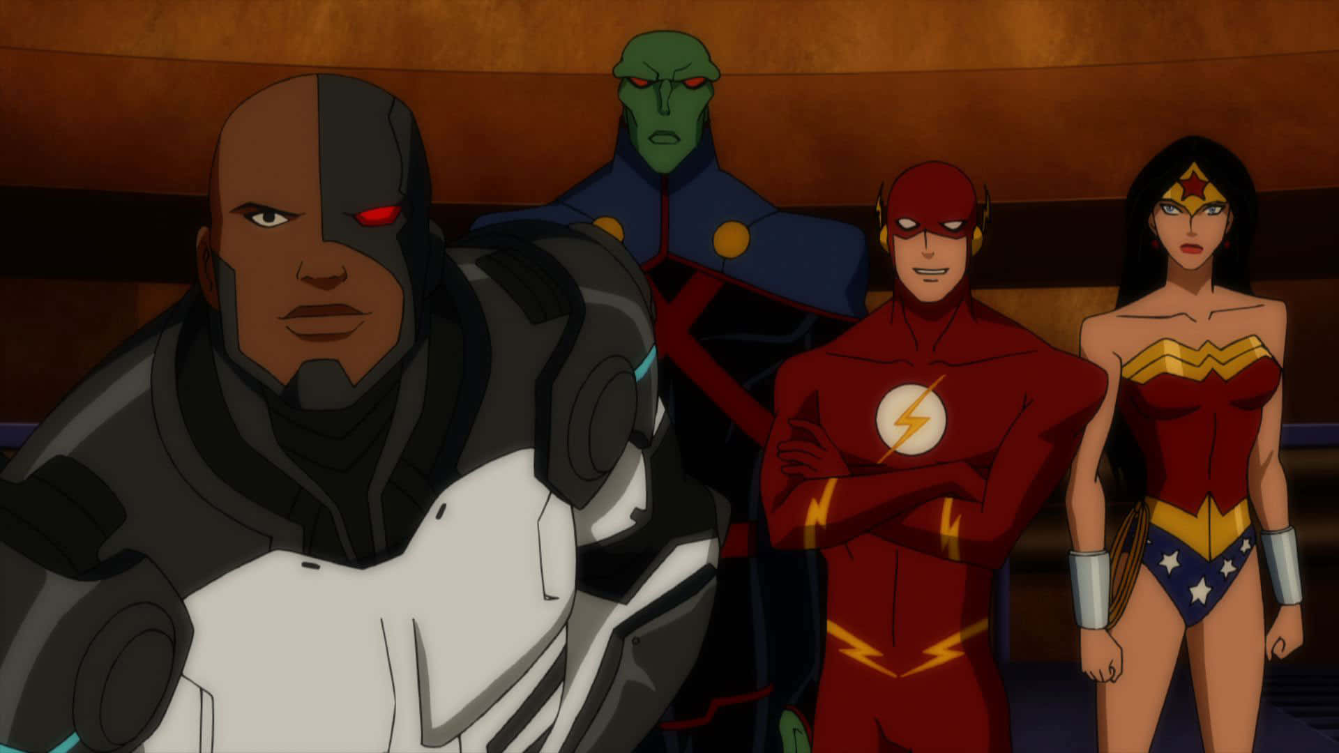 Justice League Doom 桌布 壁紙 — 四位超級英雄角色（鋼骨、火星獵人、閃電俠、神奇女俠）一起站在一個光線昏暗、木牆的房間裡。