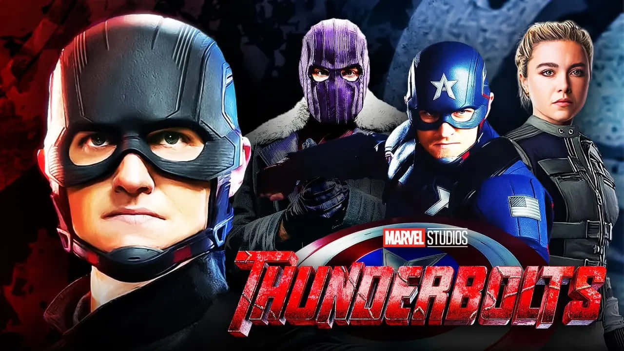 Thunderbolts 桌布 壁紙 — 四位身穿戰術裝備的漫威超級英雄站在深紅和藍色背景前，帶有雷霆特攻隊標誌。