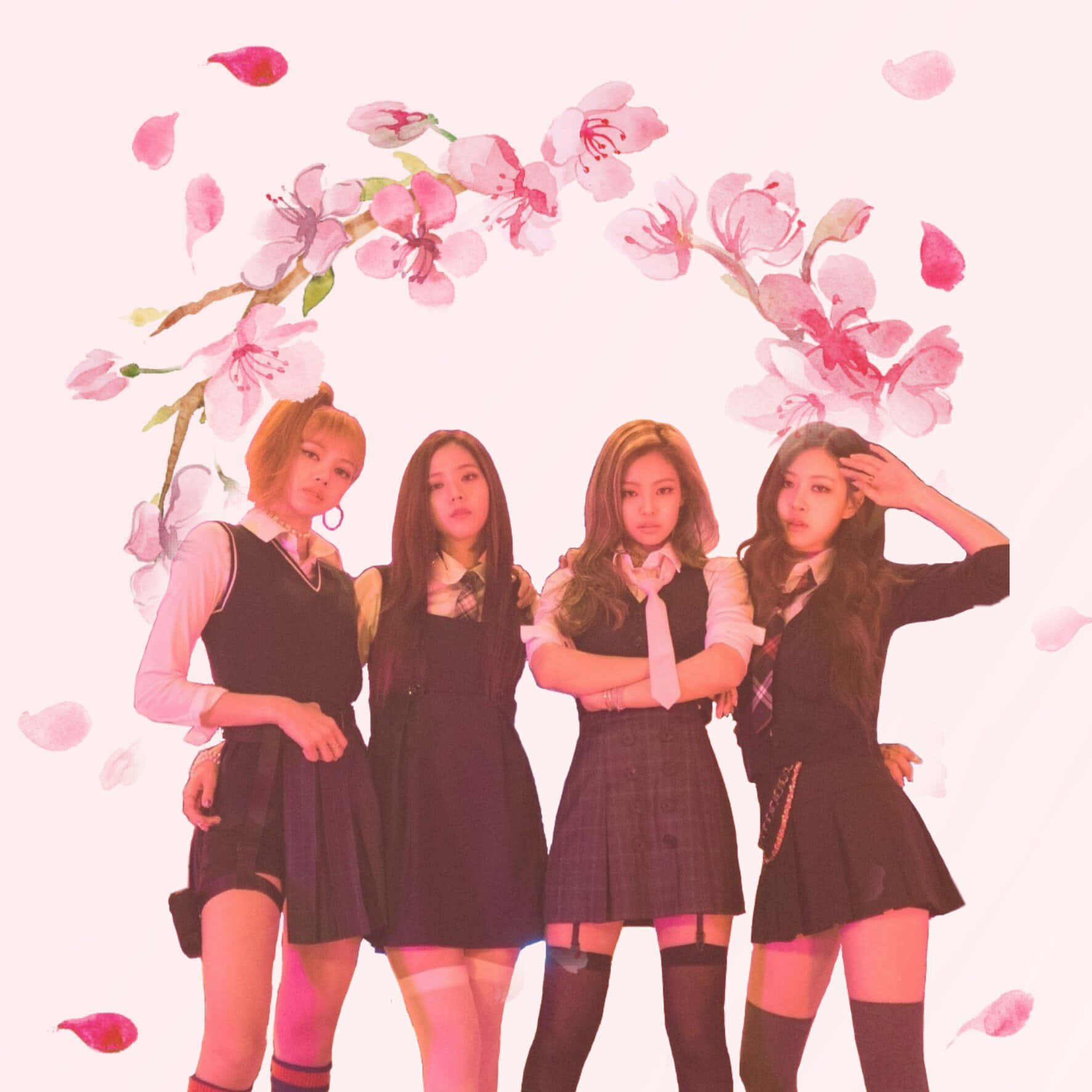 Kpop Kawaii 桌布 壁紙 — 四位身穿校服的年輕女性站在粉紅色櫻花拱門下，花瓣在她們周圍飄揚。