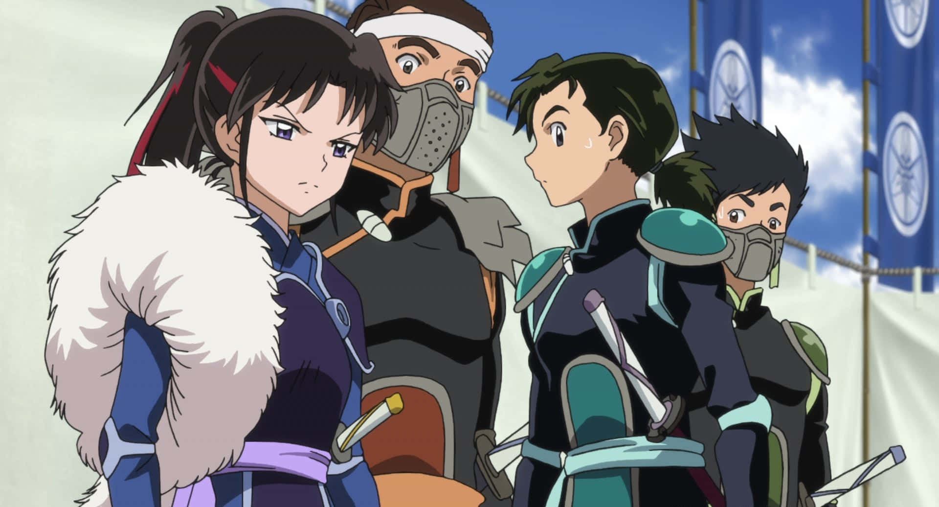 Setsuna 桌布 壁紙 — 四位身穿精細盔甲的動漫戰士在明亮的藍天下警覺地站立，身後有旗幟。