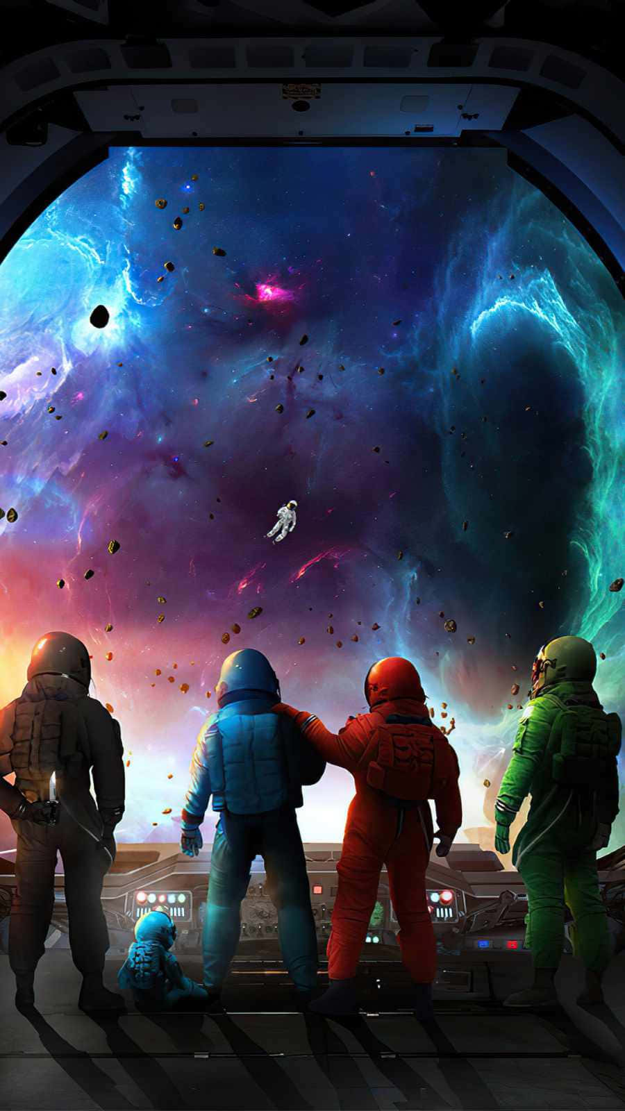 Among US Cool 桌布 壁紙 — 四位身穿色彩繽紛太空衣的太空人，透過太空船的觀景窗凝視著一個充滿恆星和漂浮碎片的旋轉宇宙星雲。