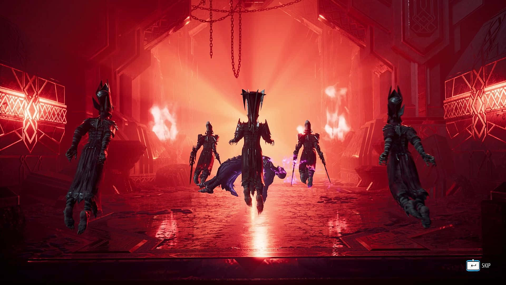 Dark Alliance 桌布 壁紙 — 四位身穿裝甲的戰士手持發光武器，站在一個紅光照耀的未來主義寺廟中，周圍有懸掛的鎖鏈和火焰般的光束。