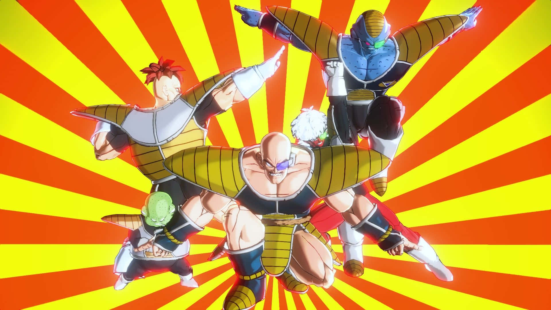 Ginyu Force 桌布 壁紙 — 四位身穿金色盔甲的動漫戰士，在熾熱的橙色和黃色太陽光背景下擺出動態姿勢。