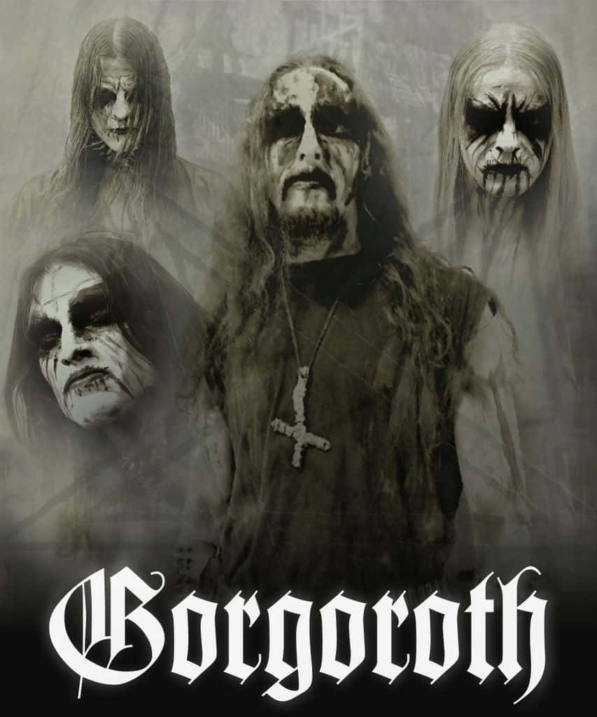 Black Metal Music 桌布 壁紙 — 四位面帶陰沉、塗著屍妝、留著長髮的黑金屬樂手，在單色、充滿氛圍的肖像照中凝視著。