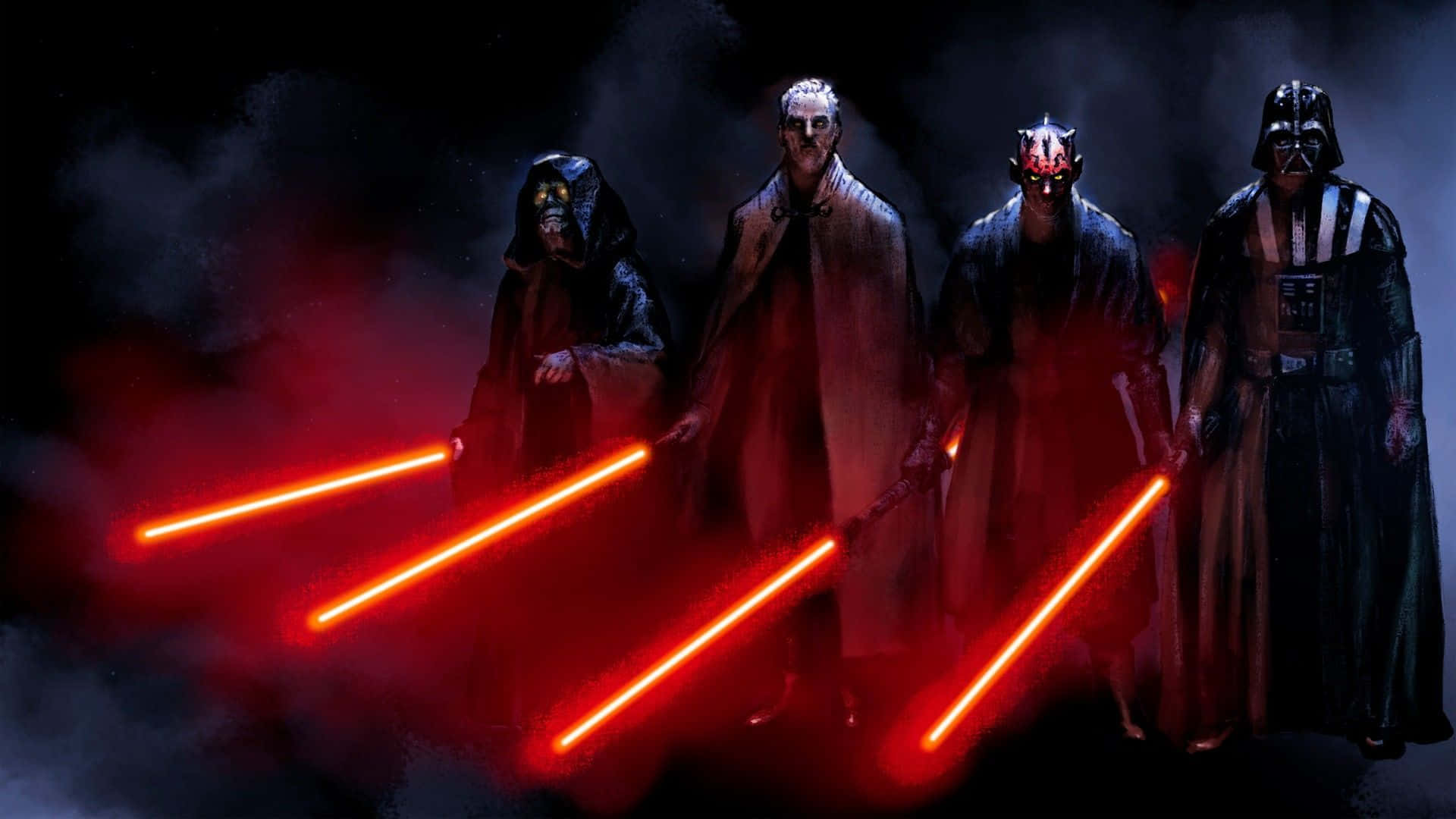 Lightsaber Duels 桌布 壁紙 — 四位黑暗面絕地武士站在煙霧瀰漫的黑暗中，揮舞著發光的紅色光劍，形成威脅性的陣型。