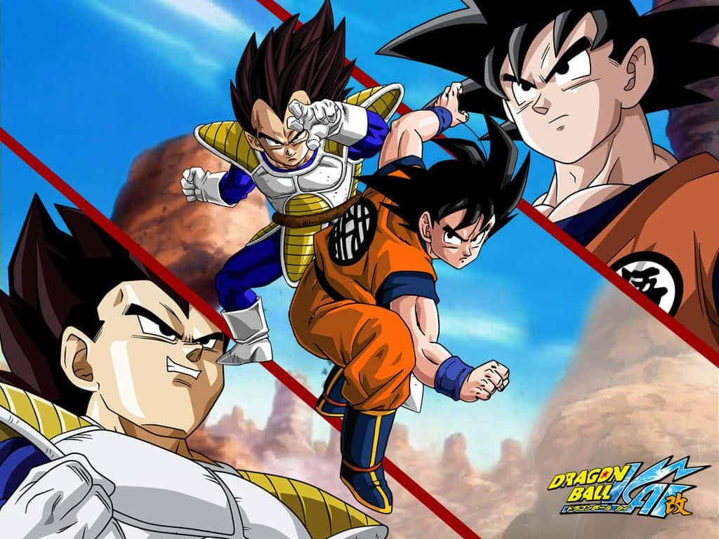 Vegeta And Goku 桌布 壁紙 — 四位龍珠Z戰士在藍天紅斜線背景下擺出動態戰鬥姿勢。