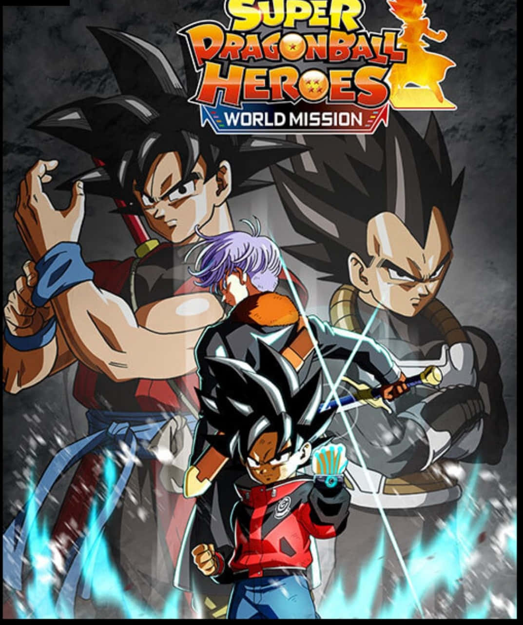 Dragon Ball Super Games 桌布 壁紙 — 四位龍珠英雄以動態戰鬥姿勢，伴隨發光能量效果，在黑暗粗糙的背景前展現。