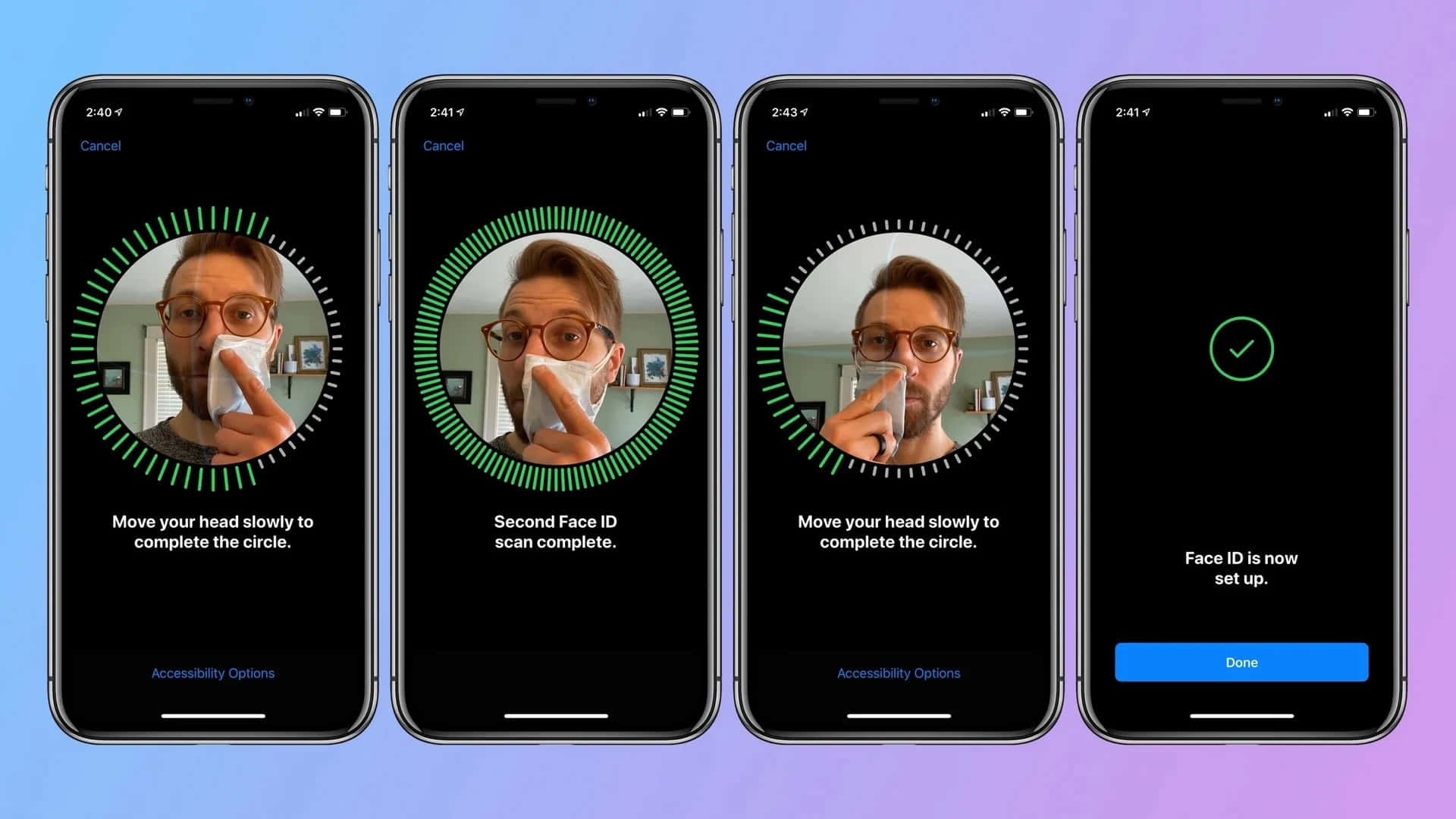 Face Id 桌布 壁紙 — 四個 iPhone 螢幕顯示一名男子在鼻子上放紙巾設定 Face ID，同時一個綠色圓圈引導頭部移動。