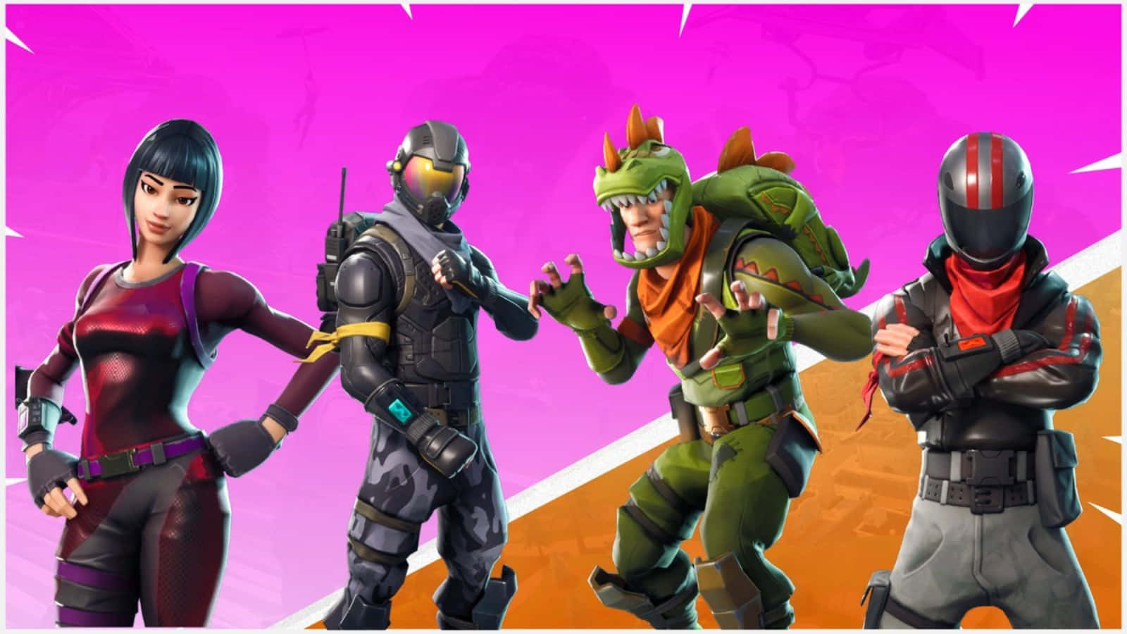 Fortnite Skins Battle Royale 桌布 壁紙 — 四個《要塞英雄》角色穿著鮮豔服裝，在帶有白色閃電的粉紅和橙色漸變背景前自信地擺姿勢。