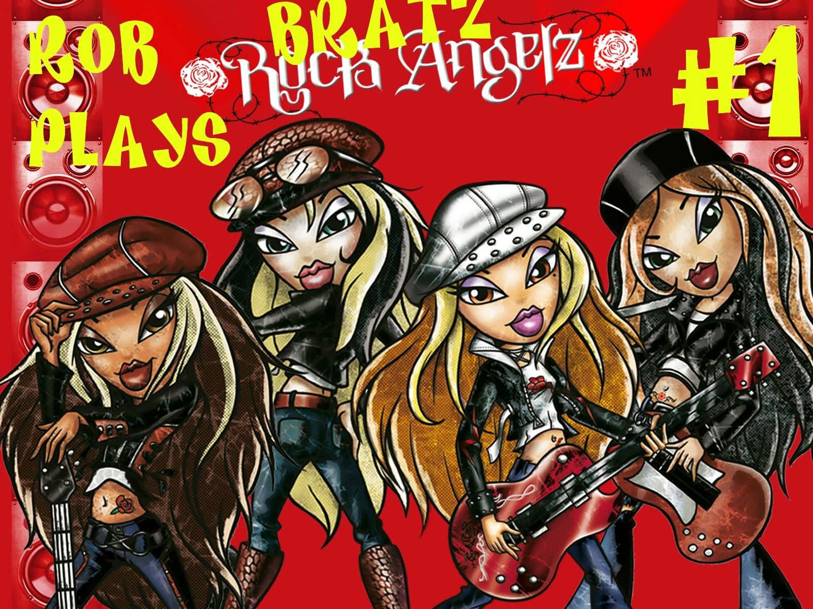 貝茲娃娃 桌布 壁紙 — 四個Bratz Angelz公仔穿著前衛搖滾服裝，在充滿揚聲器和粗體文字的鮮紅色背景前拿著結他擺姿勢。