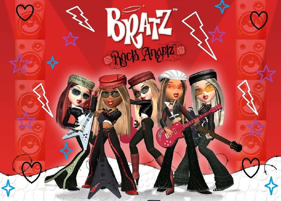 貝茲娃娃 桌布 壁紙 — 四個Bratz Rock Angelz公仔穿著前衛服裝，在充滿閃電星星和心形的鮮紅色背景前，拿著結他擺姿勢。