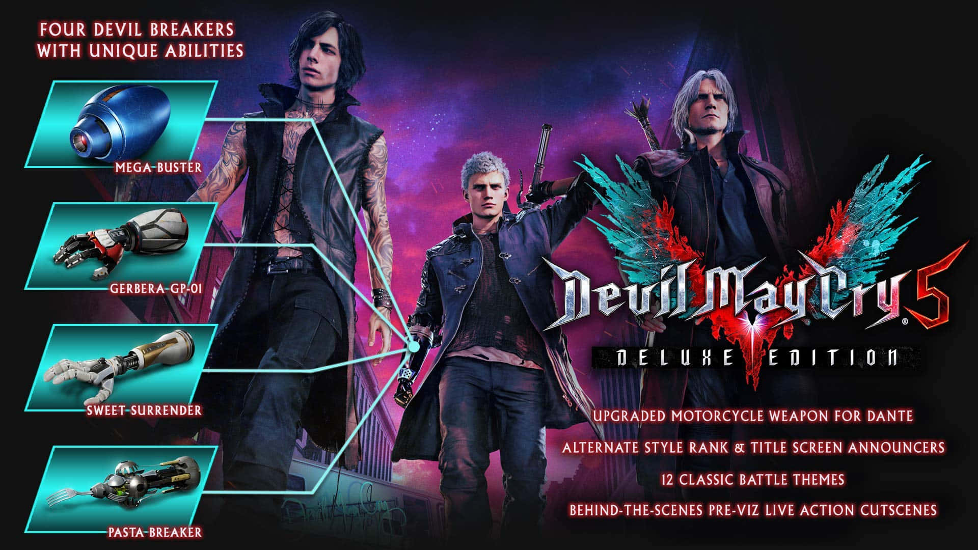 Devil May Cry Characters 桌布 壁紙 — 四個Devil May Cry 5角色英雄式地站在宇宙紫色背景前，展示武器和遊戲特色。