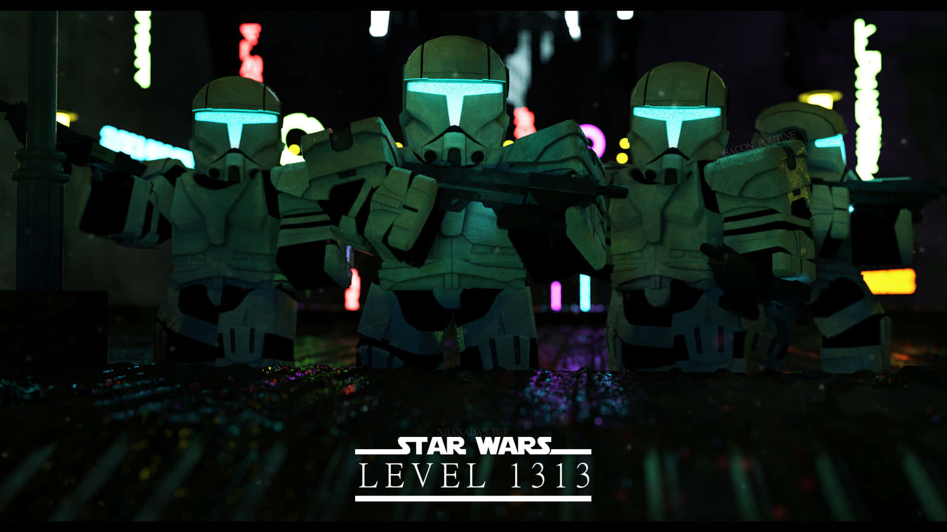 The Coruscant Underworld 桌布 壁紙 — 四個LEGO Star Wars 複製人兵團在夜晚霓虹燈照亮的城市小巷中手持爆能槍。