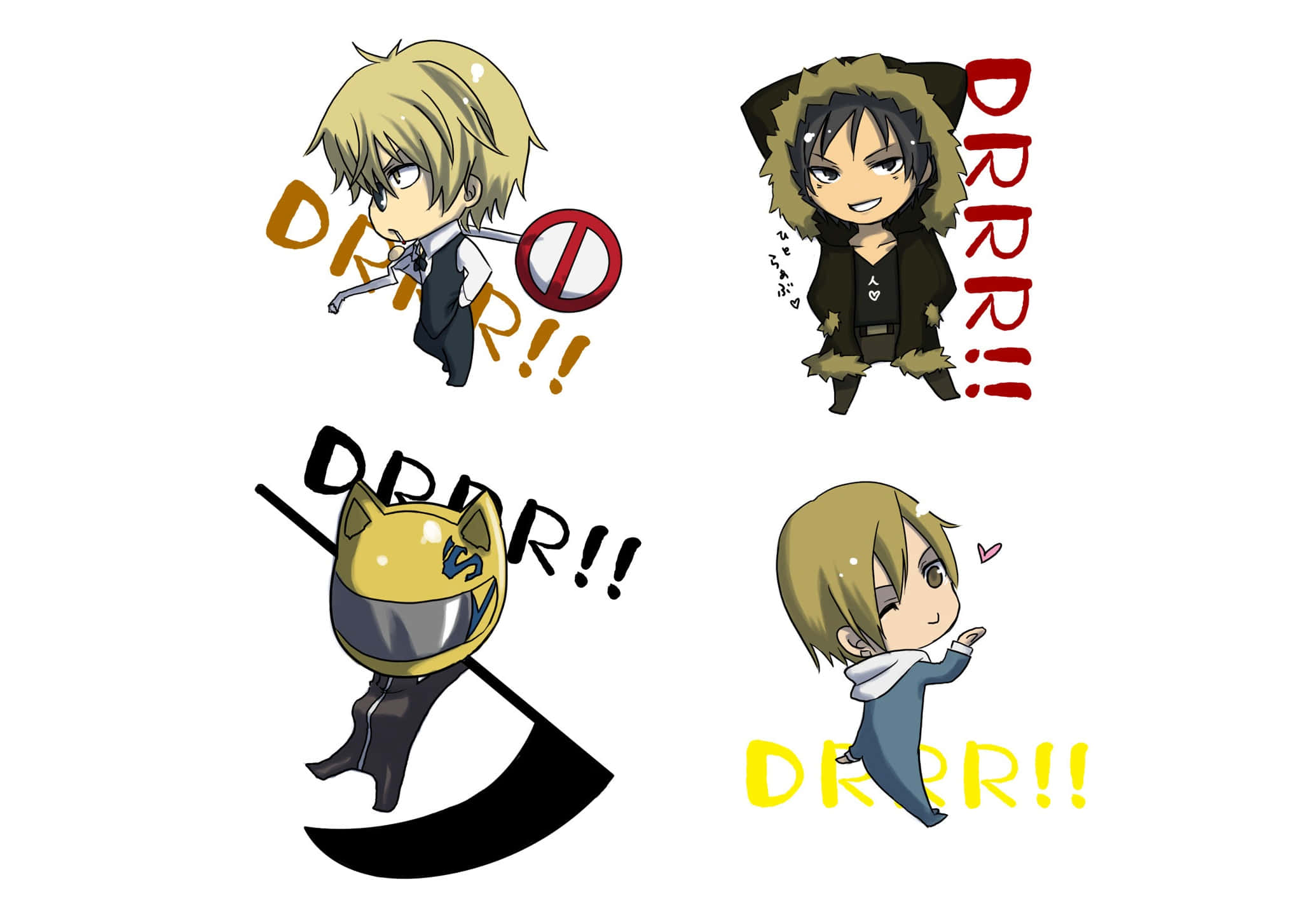 Masaomi Kida 桌布 壁紙 — 四個Q版動漫角色，帶有「DRRR!!」文字，以動態姿勢呈現於純白背景上。