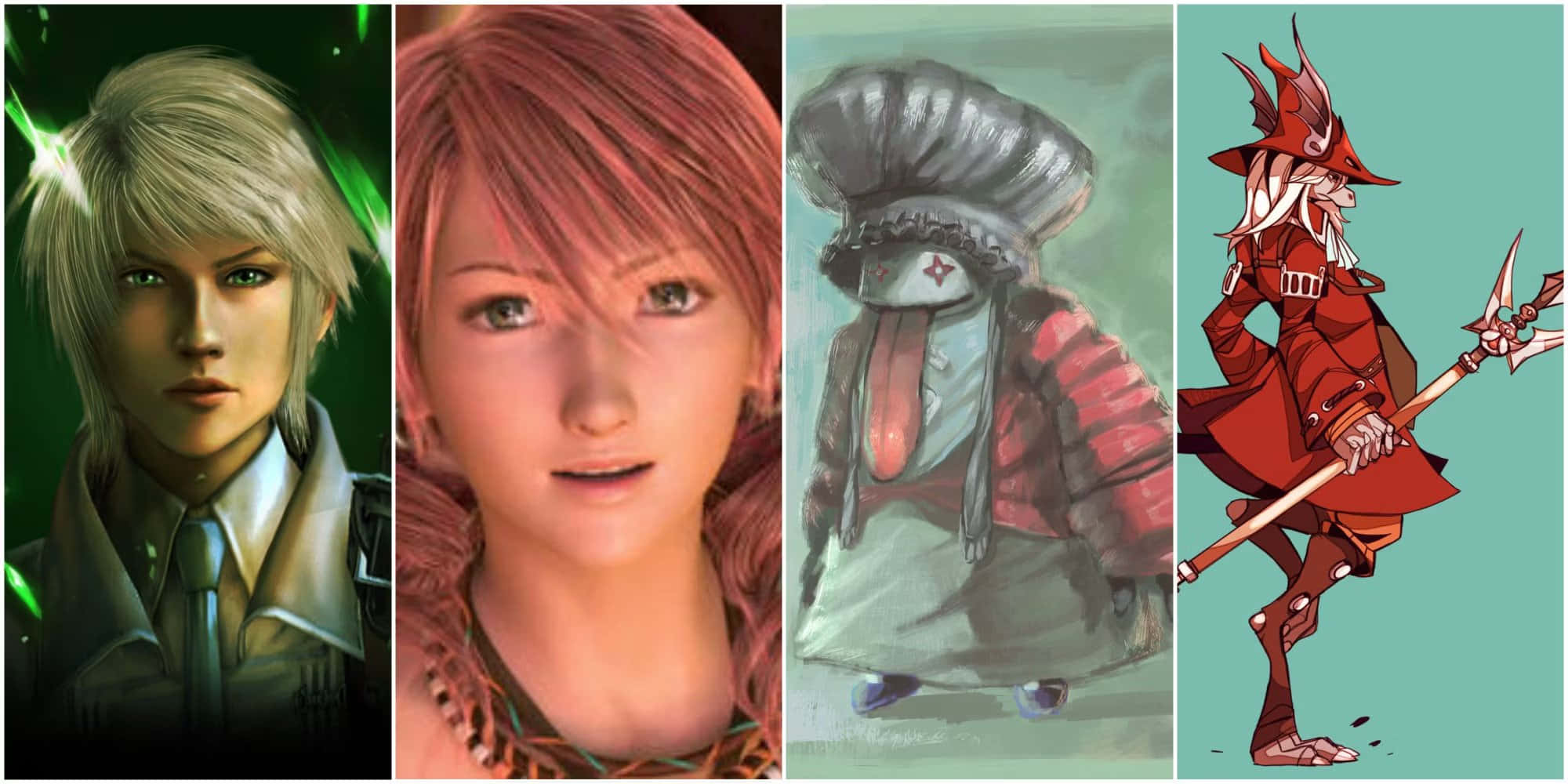 Final Fantasy Characters 桌布 壁紙 — 四個不同的動漫風格角色：金髮戰士、粉紅髮少女、長舌廚師、戴角盔的紅衣戰士。