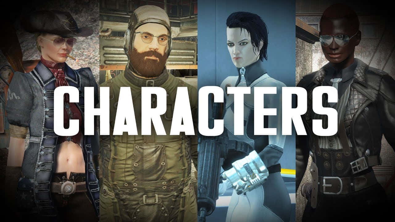 Fallout Characters 桌布 壁紙 — 四個不同的電子遊戲角色，穿著詳細的未來主義和後末日服裝，並排站立，帶有粗體文字。