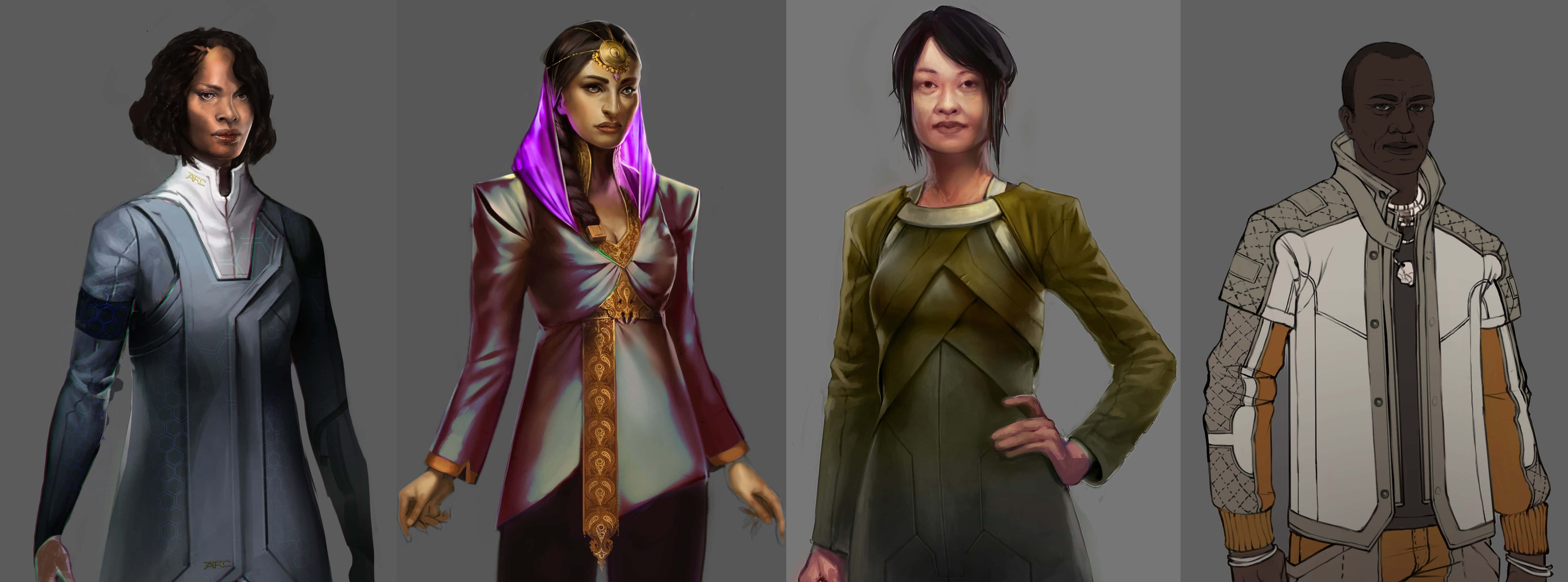 Turn-based Strategy 桌布 壁紙 — 四個不同角色穿著時尚未來風格服裝，在純灰色背景前擺姿勢。