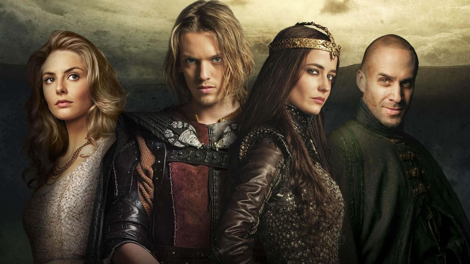 Tv Series 桌布 壁紙 — 四個中世紀奇幻角色，身穿華麗盔甲和皇室服飾，莊嚴地站在暴風雨的天空下。