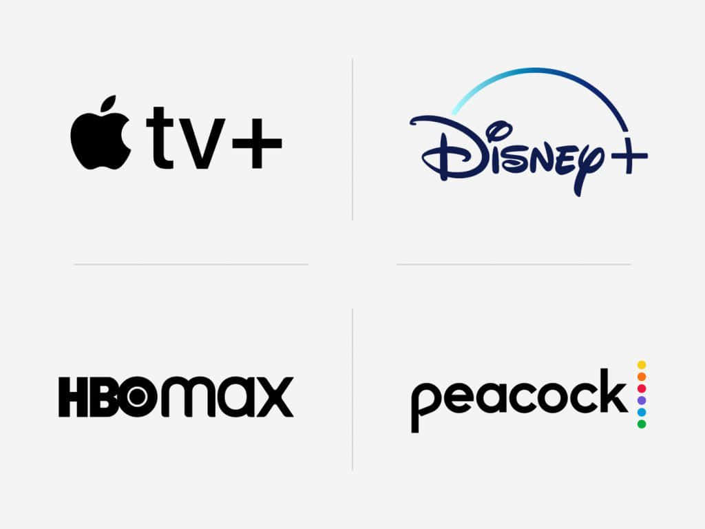 Video-on-demand 桌布 壁紙 — 四個串流服務標誌 Apple TV+、Disney+、HBO Max 和 Peacock 顯示在淺灰色背景上。