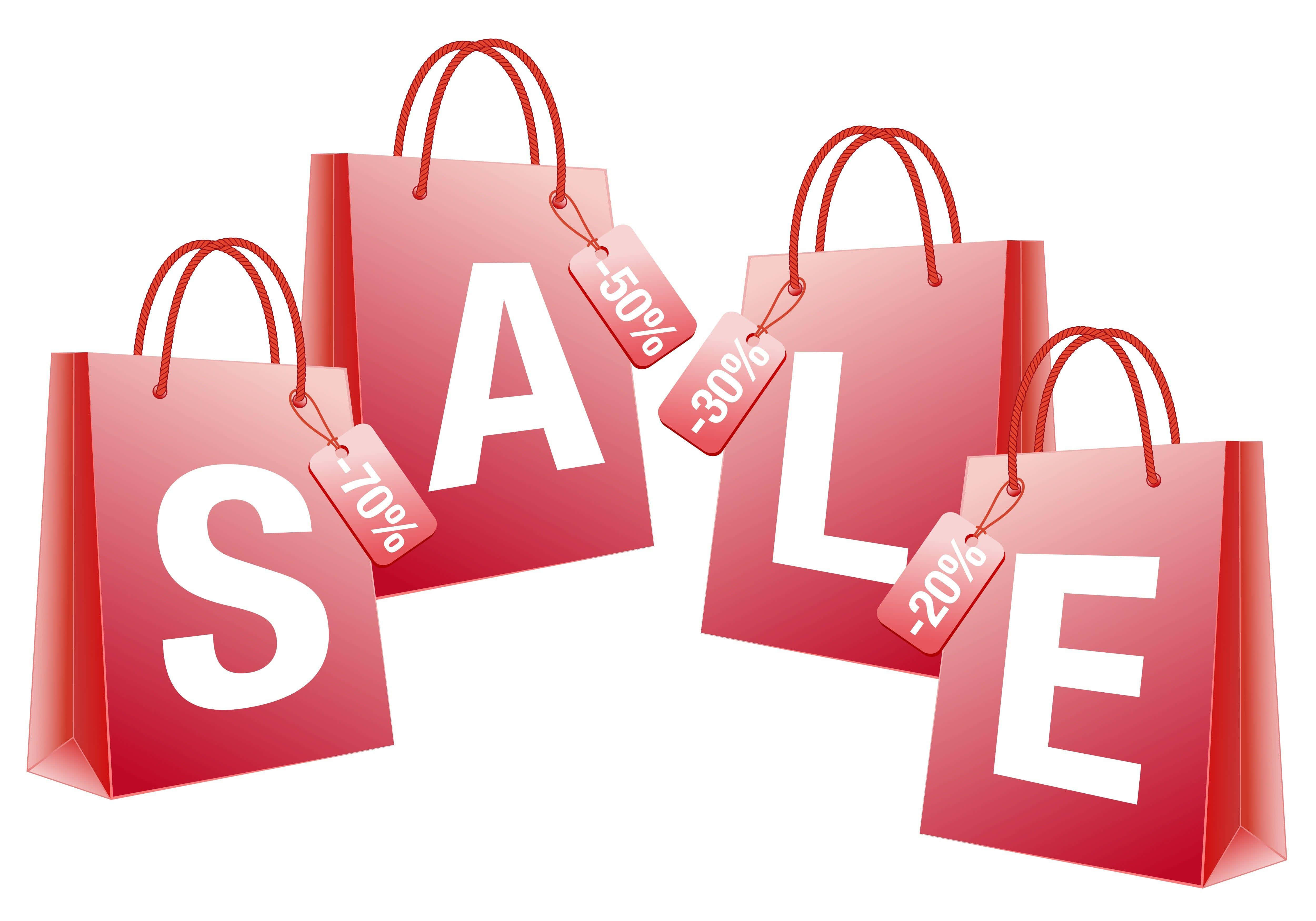 銷售 桌布 壁紙 — 四個亮面紅色購物袋拼出SALE字樣，附有顯示70%、50%、30%和20%折扣的標籤。