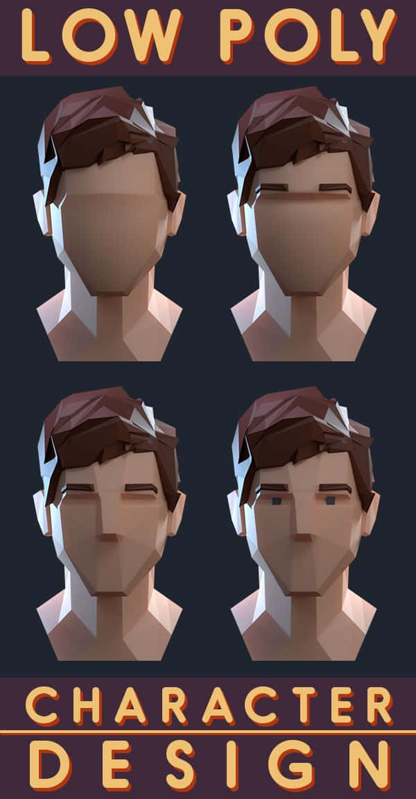 Game Design 桌布 壁紙 — 四個低多邊形男性角色半身像，表情各異，背景為深色。