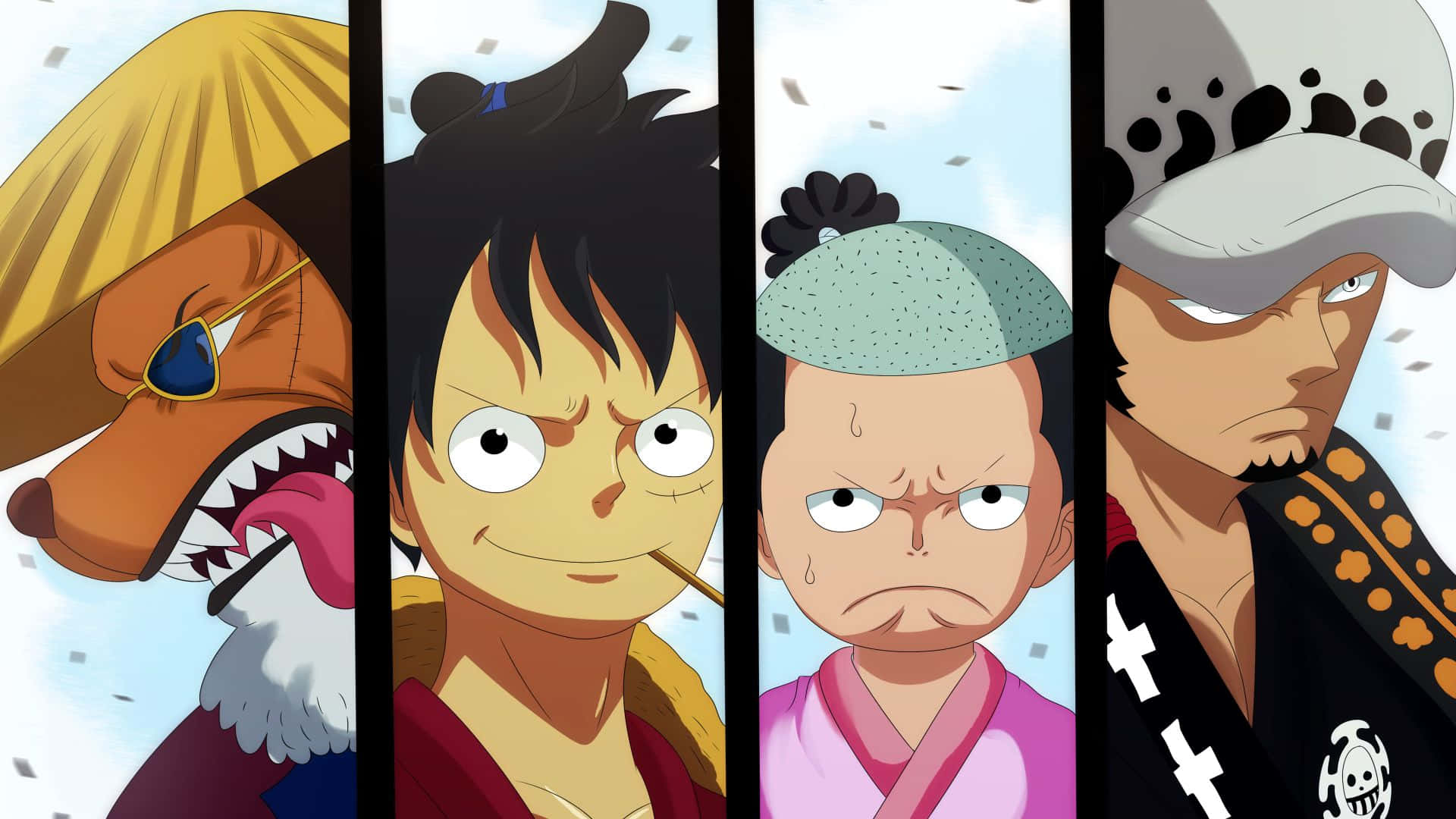 Inuarashi 桌布 壁紙 — 四個來自《One Piece》的動漫角色並肩站立，面對明亮的天空，表情堅定。