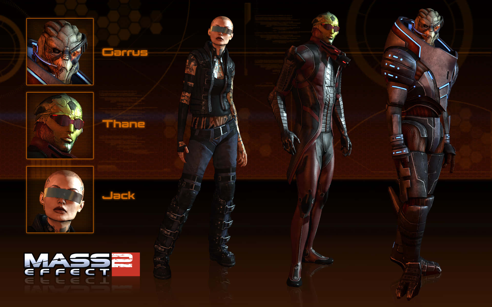 Mass Effect 2 桌布 壁紙 — 四個來自Mass Effect 2的裝甲科幻角色站在一個光線昏暗的科技房間裡，周圍是全息顯示屏。