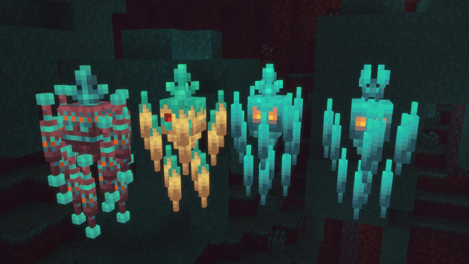 Minecraft Blaze 桌布 壁紙 — 四個像素化的 Minecraft 守護者在黑暗的水下洞穴中發出青色和橙色的光芒。