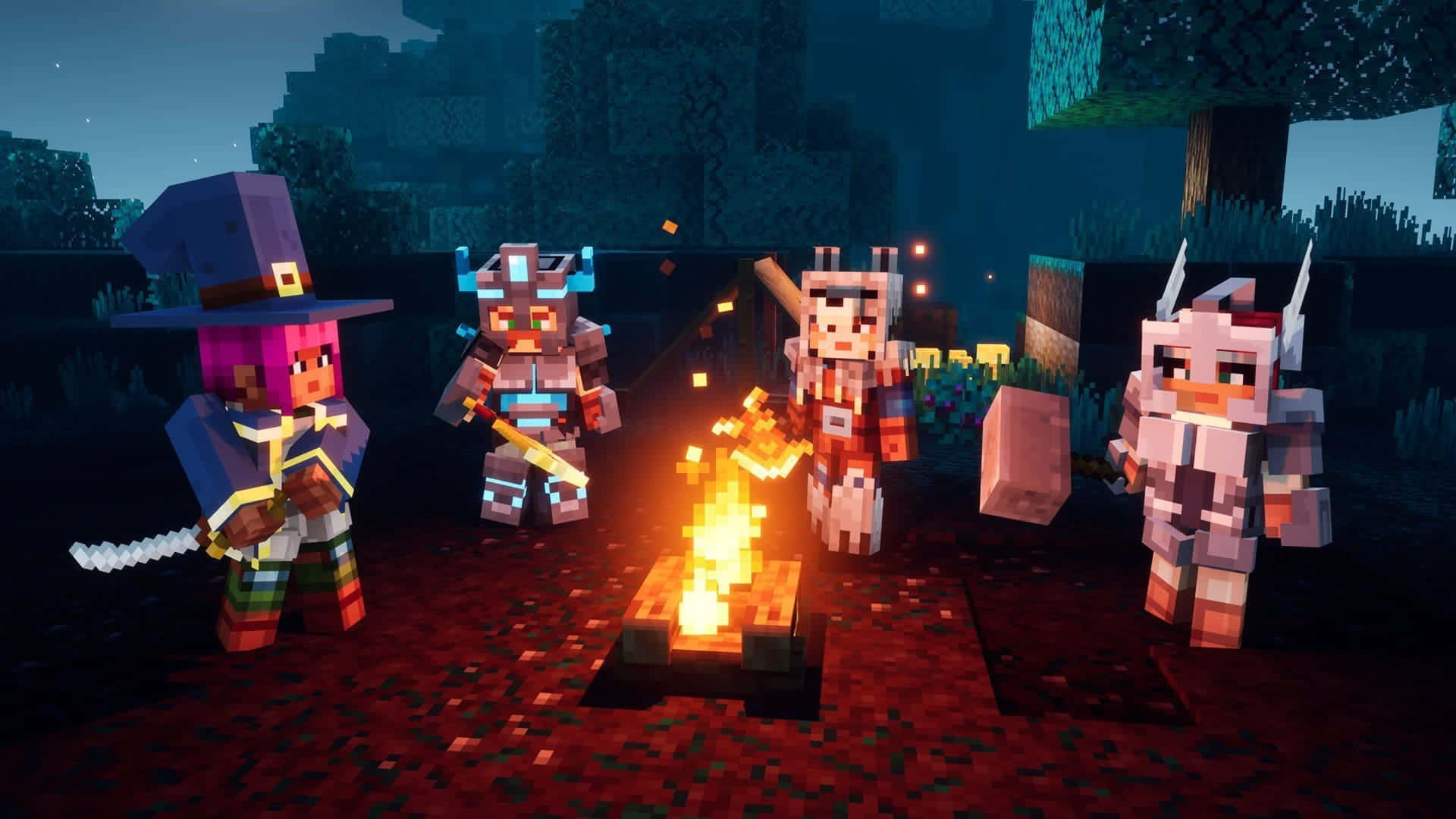 Minecraft Fight 桌布 壁紙 — 四個像素化的Minecraft角色在夜晚的黑暗森林中圍繞著一個發光的營火聚集。