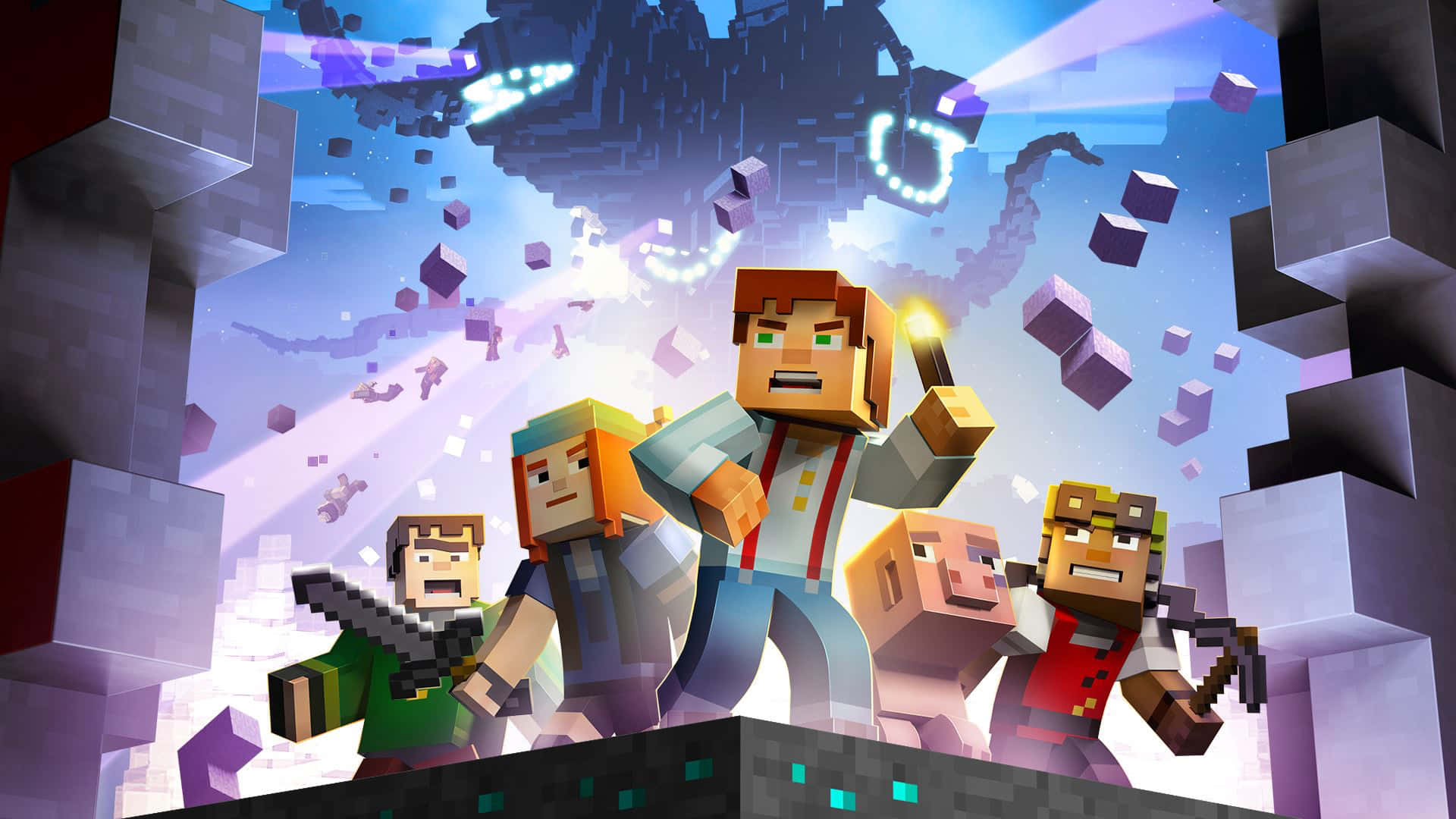Minecraft Fight 桌布 壁紙 — 四個像素化的Minecraft角色英勇地站在一個方塊狀的突出物上，而發光的紫色立方體在戲劇性的天空中漂浮。