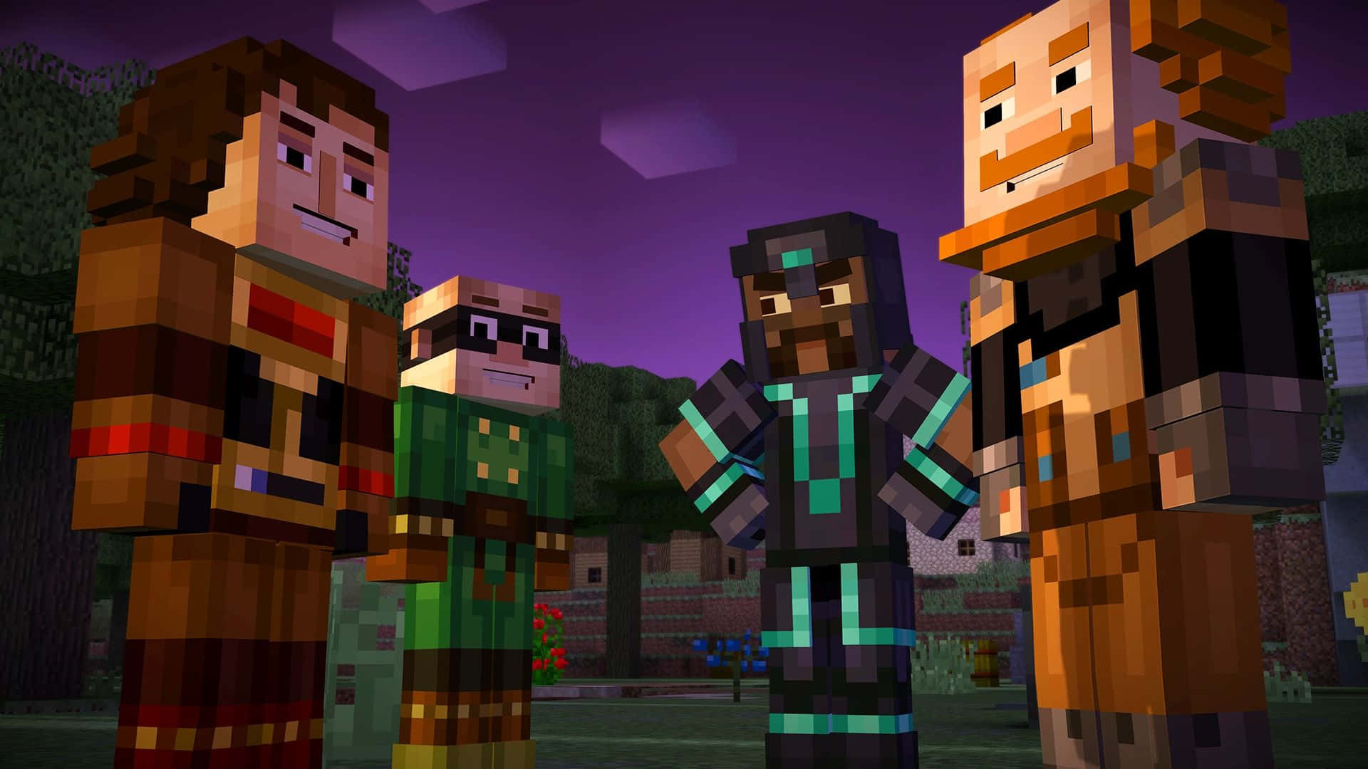 Minecraft Story Mode 桌布 壁紙 — 四個像素化的Minecraft角色在暮色中站在森林裡，天空呈紫色，樹木呈方塊狀。