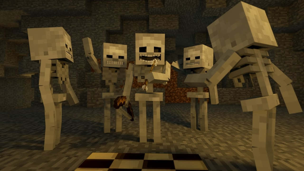Minecraft Skeleton 桌布 壁紙 — 四個像素化的Minecraft骷髏站在一個昏暗的地牢中，地板是棋盤格瓷磚。