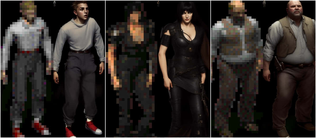 Fallout Characters 桌布 壁紙 — 四個像素化角色站在黑色背景前，各自穿著不同的服裝並擺出不同的姿勢。