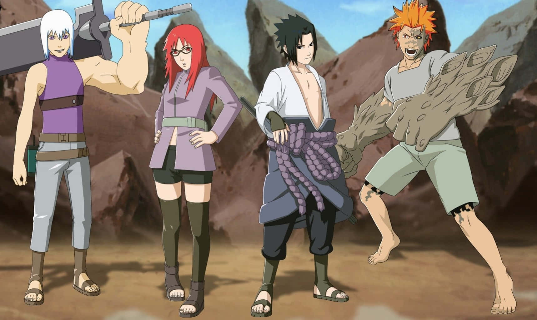 Team Taka Naruto 桌布 壁紙 — 四個動漫忍者戰士自信地站在岩石沙漠景觀中，每人手持獨特武器並展現不同的戰鬥姿勢。