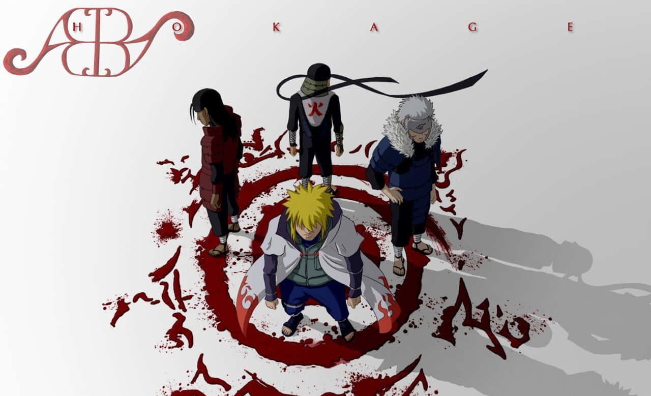 Fourth Hokage 桌布 壁紙 — 四個動漫忍者站在一個帶有血跡的紅色圓形封印周圍，背景為純白色。
