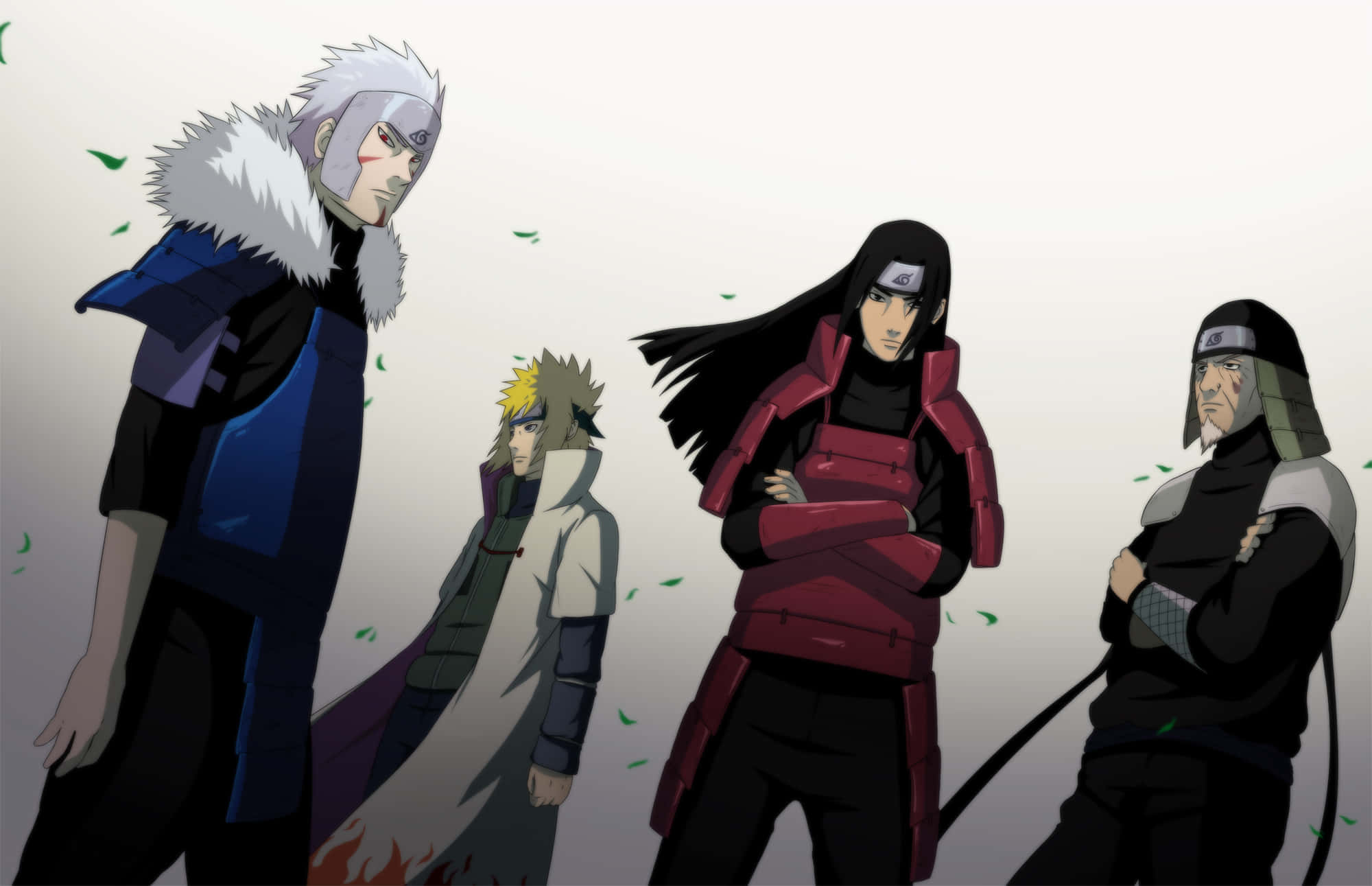 Third Hokage 桌布 壁紙 — 四個動漫忍者站在一條線上，背景蒼白，綠葉飄落。