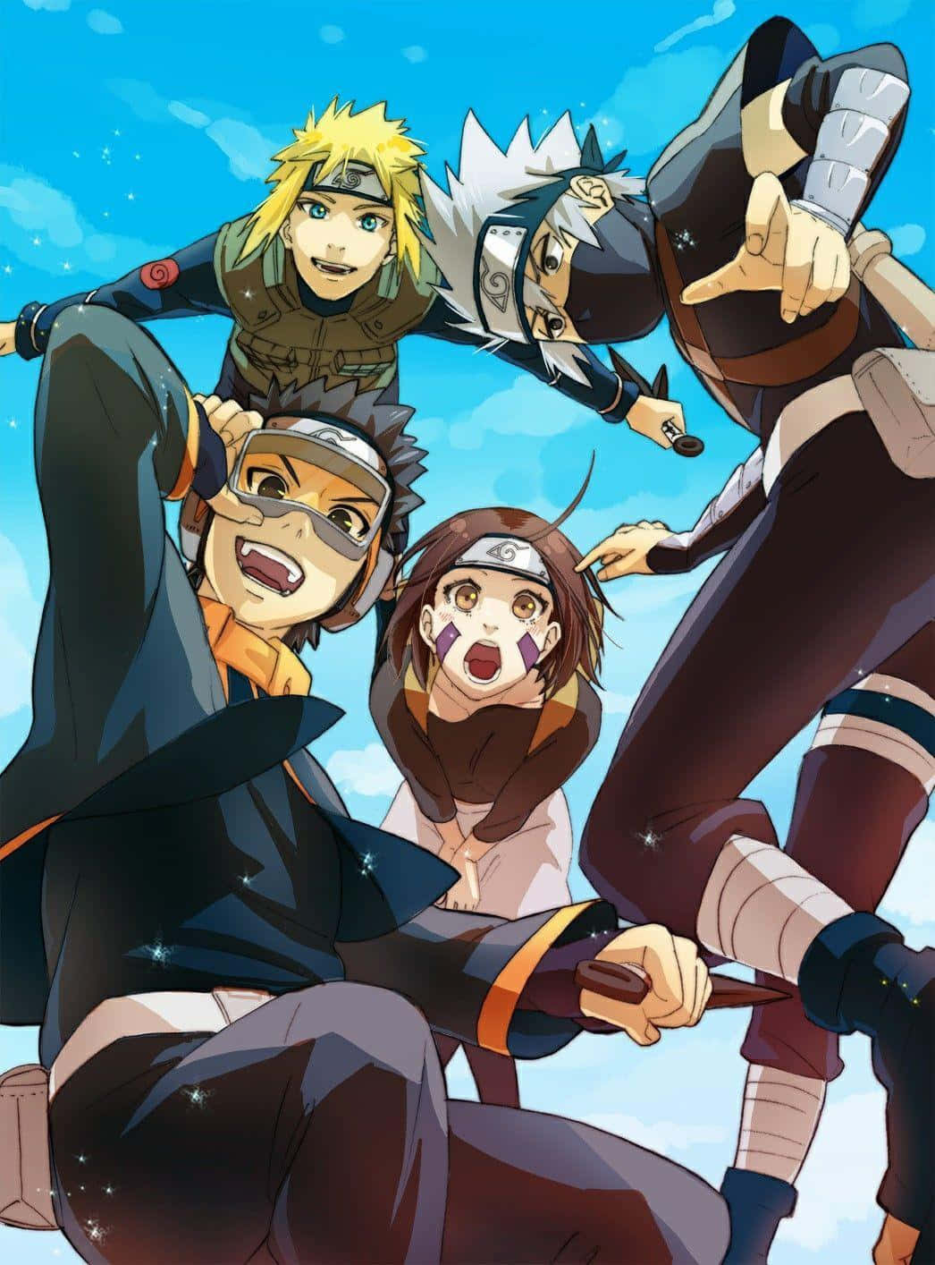 Kakashi And Tobi 桌布 壁紙 — 四個動漫忍者角色以動態姿勢呈現，背景是明亮的藍天，帶有閃爍效果。